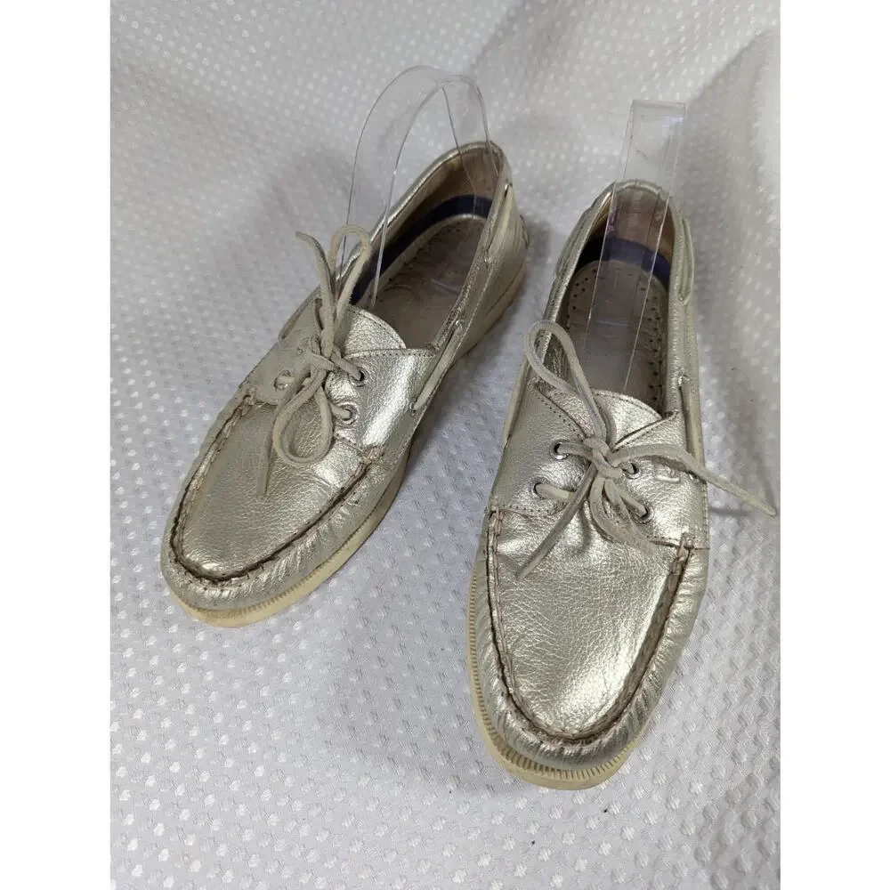 SPERRY TOPSIDER! GOLD GENUINE LEATHER BOAT SHOES NON-MARKING WHITE SOLE! SZ 9.5M